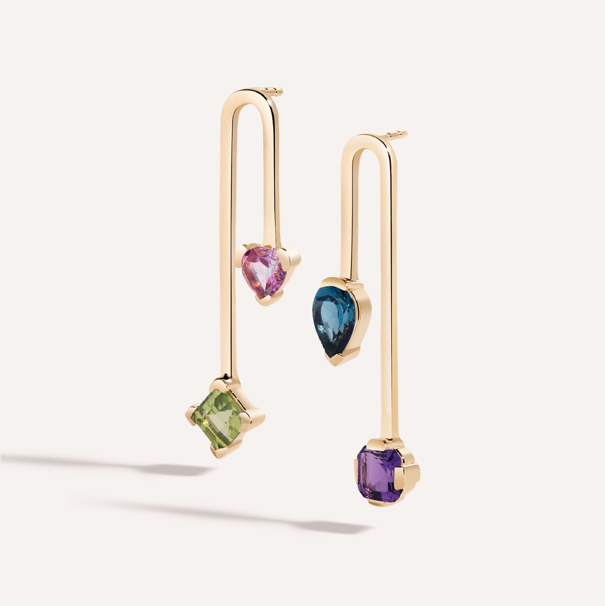 LÚDERE gold drop stud earrings with peridot square, pink topaz heart,  amethyst asscher, and London blue topaz pear gemstones