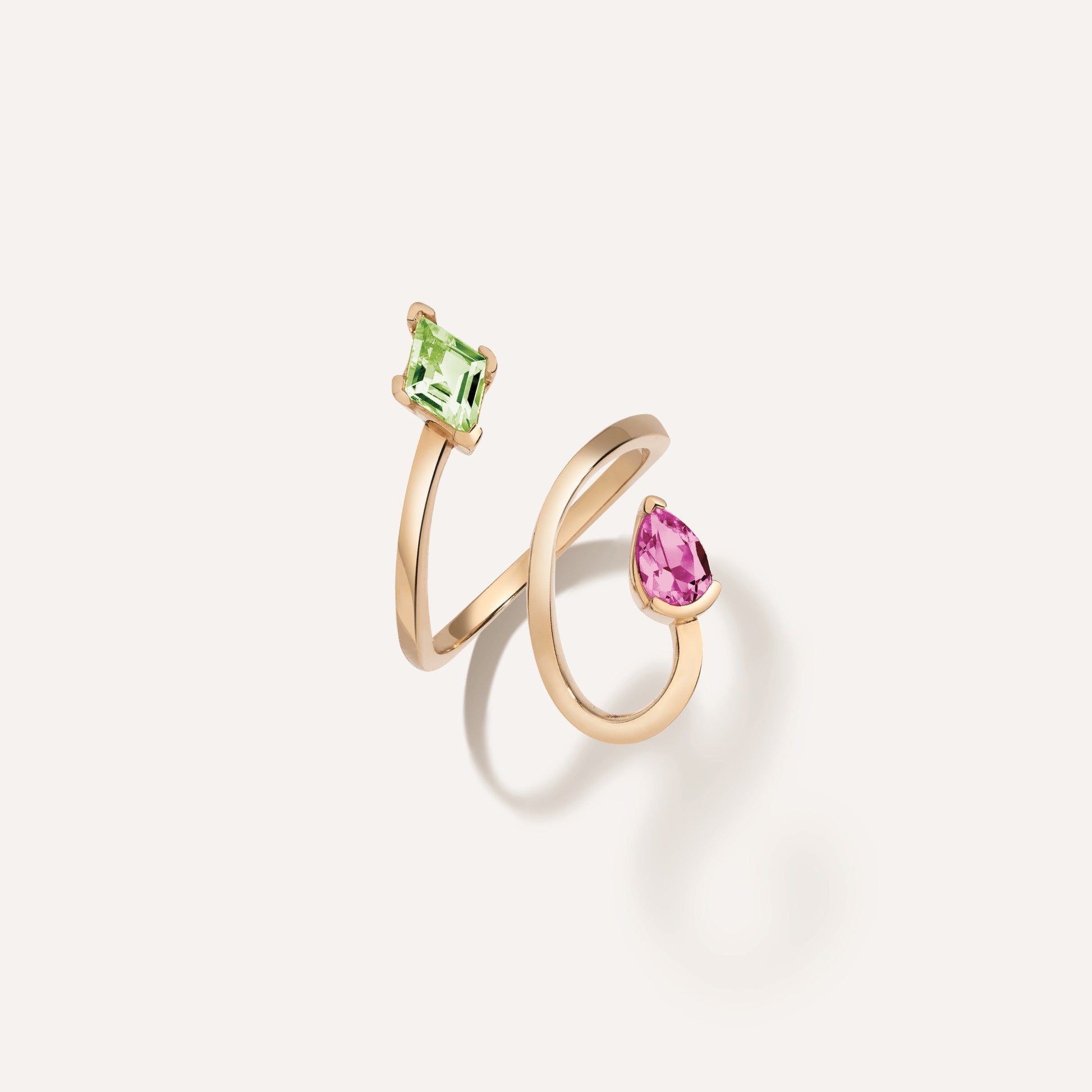 Life Won't Wait Ring - LÚDERE 18K gold vermeil open spiral wrap ring with pear and lozenge pink topaz & peridot gemstones